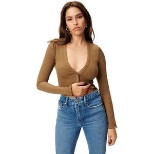 Good American Essential Cropped Cardigan in Sepia